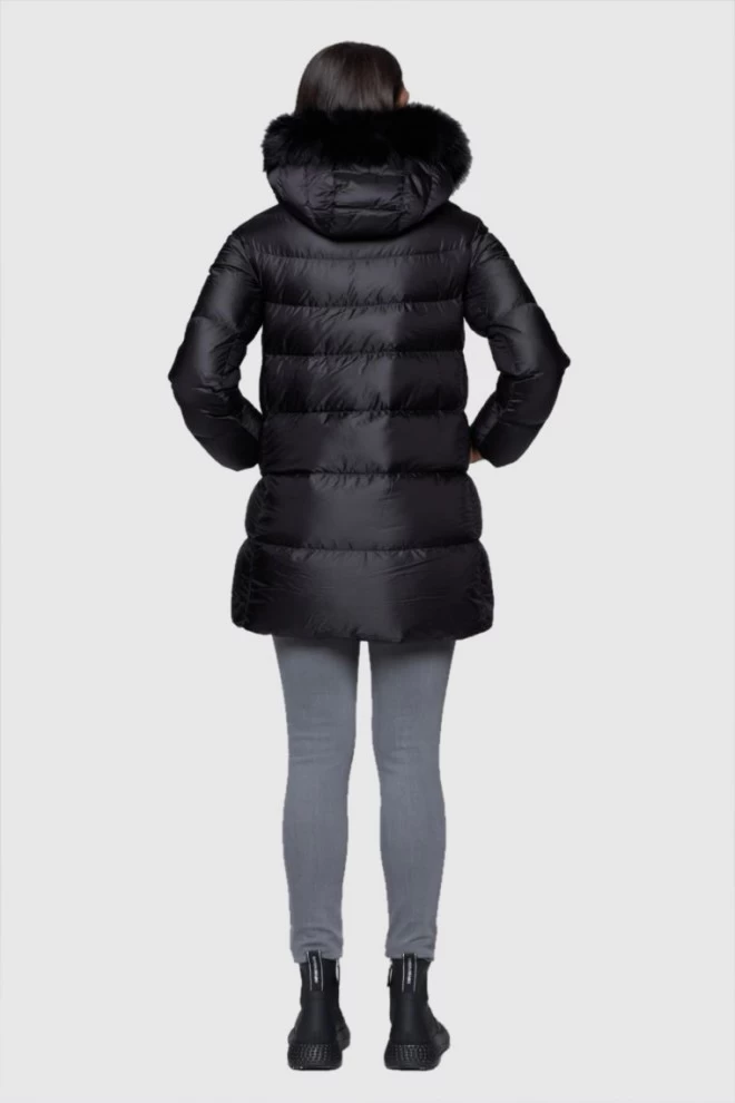 HETREGO Czarna długa kurtka puchowa Hanna z lisem