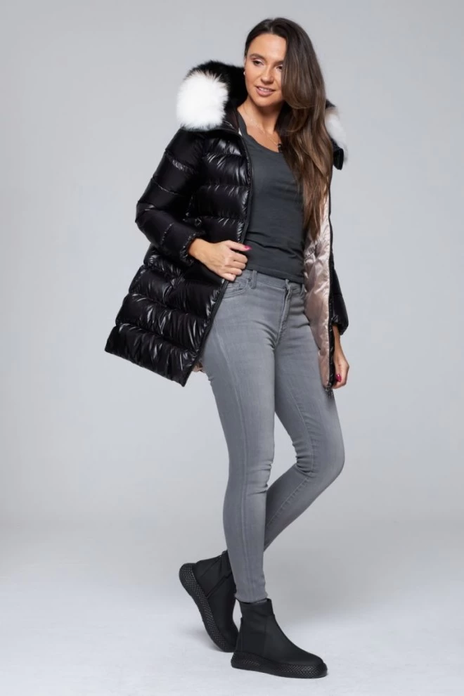HETREGO Сzarna długa kurtka puchowa Gygiea z lisem