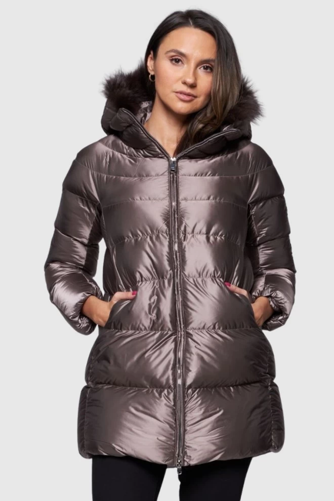 HETREGO Taupe long down jacket Hanna with foxing