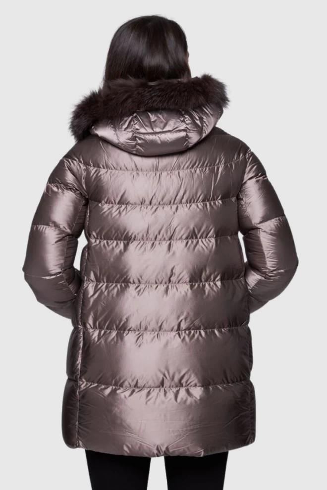 HETREGO Taupe długa kurtka puchowa Hanna z lisem