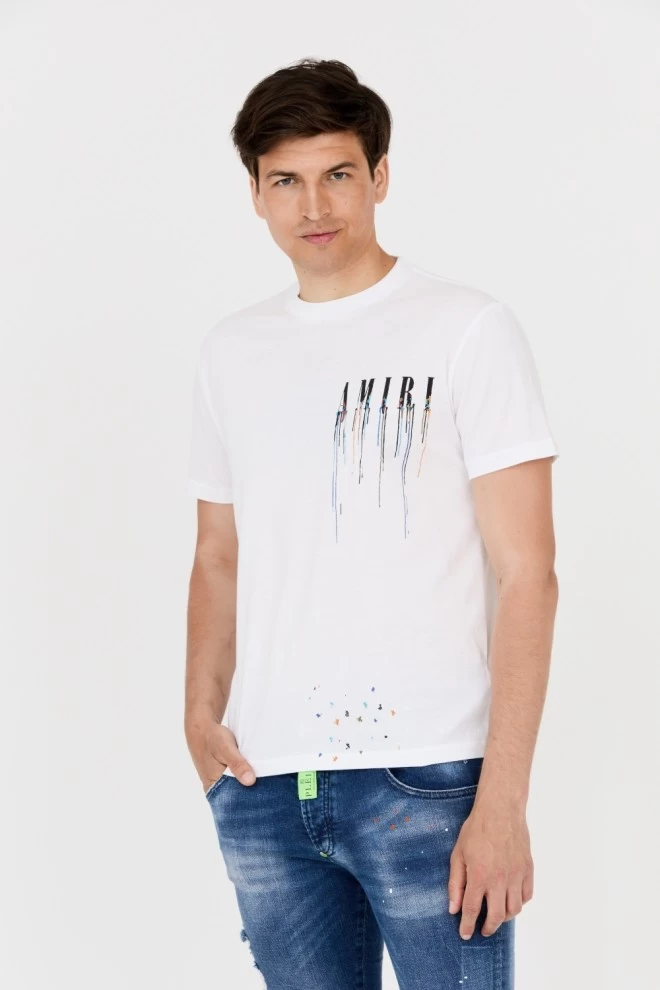 AMIRI T-shirt biały z efektem kolorowej farby