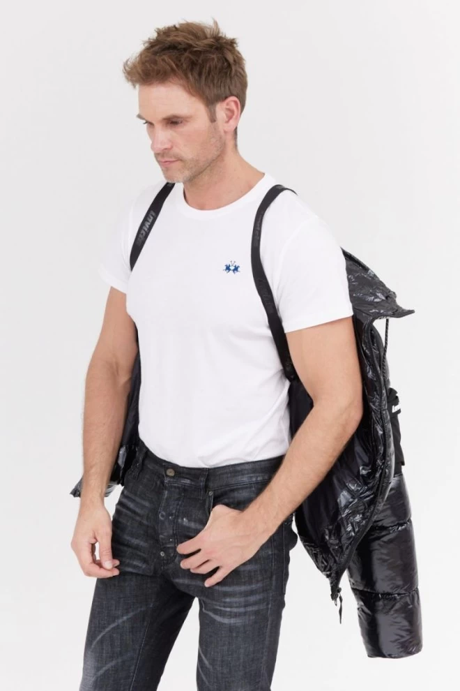 Чорний глянцевий пуховик з логотипом INVICTA