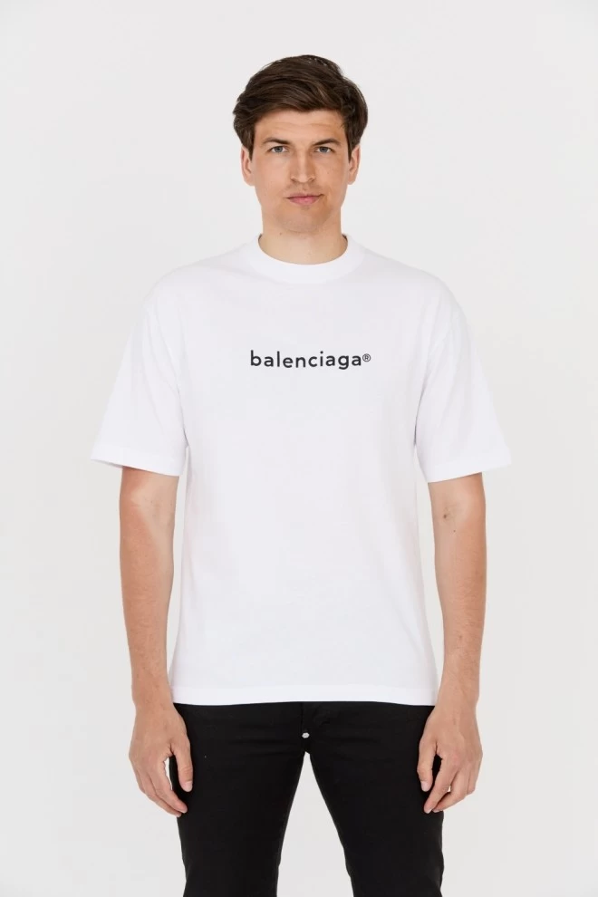 BALENCIAGA Biały t-shirt z czarnym logo