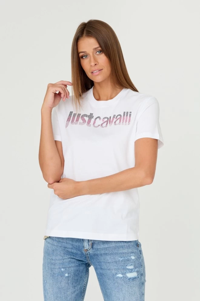 JUST CAVALLI Biały t-shirt R LOGO CRYSTAL