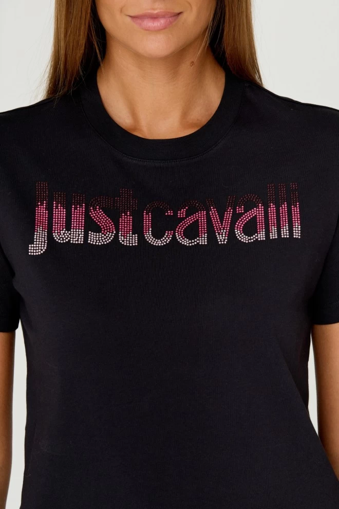 JUST CAVALLI Czarny t-shirt R LOGO CRYSTAL