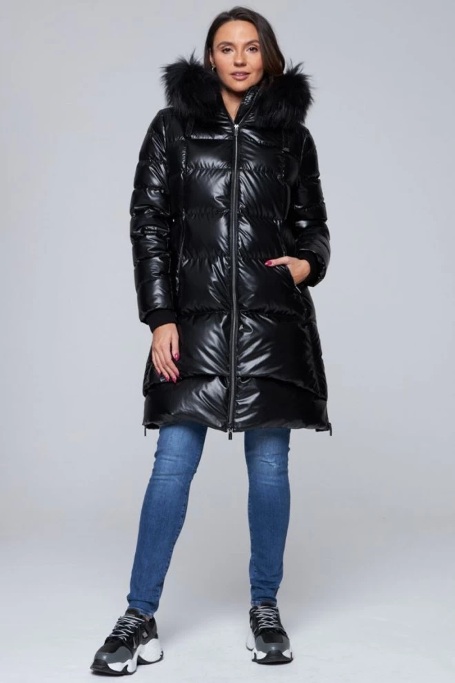 DIEGO M Czarna długa kurtka puchowa