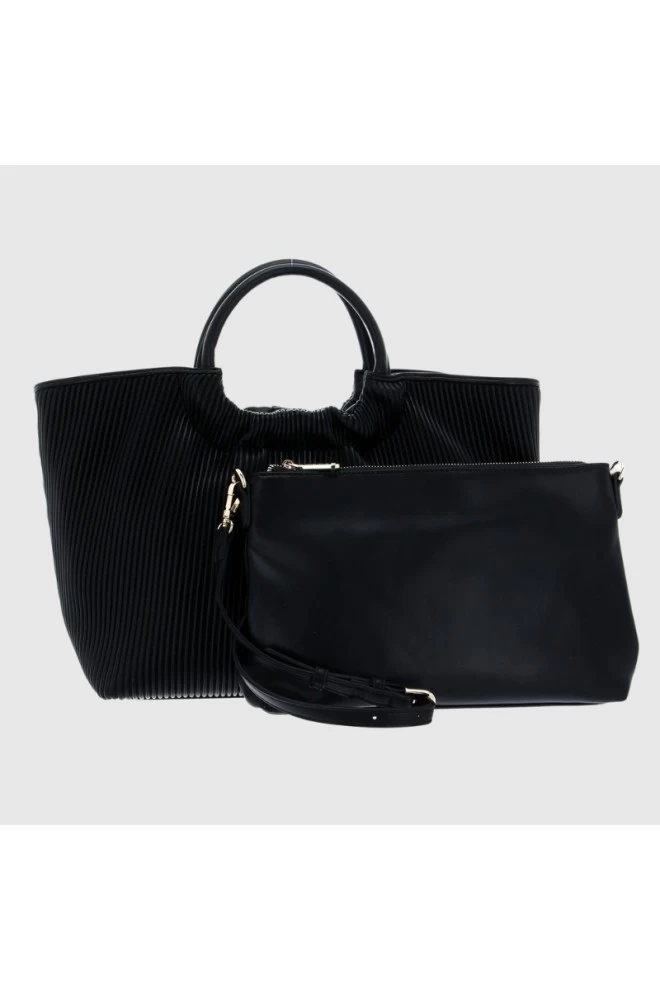 VALENTINO Black pleated river re shopper bag with pouch