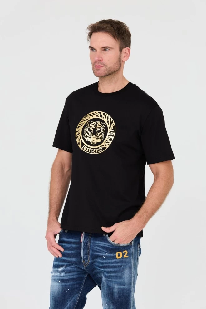 JUST CAVALLI Czarny t-shirt T-round Gold