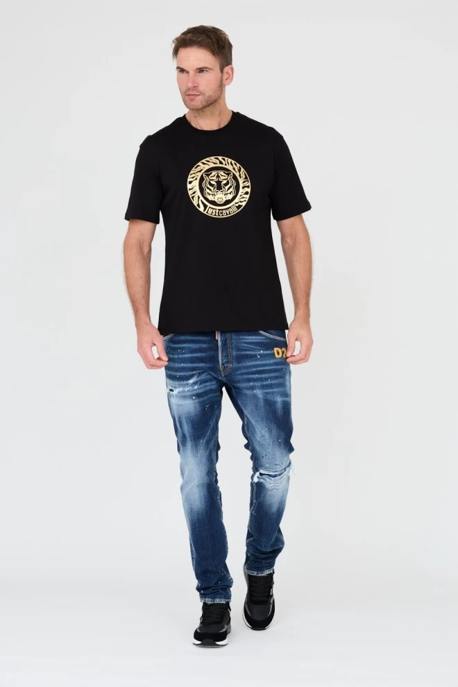 Чорна кругла золота футболка JUST CAVALLI