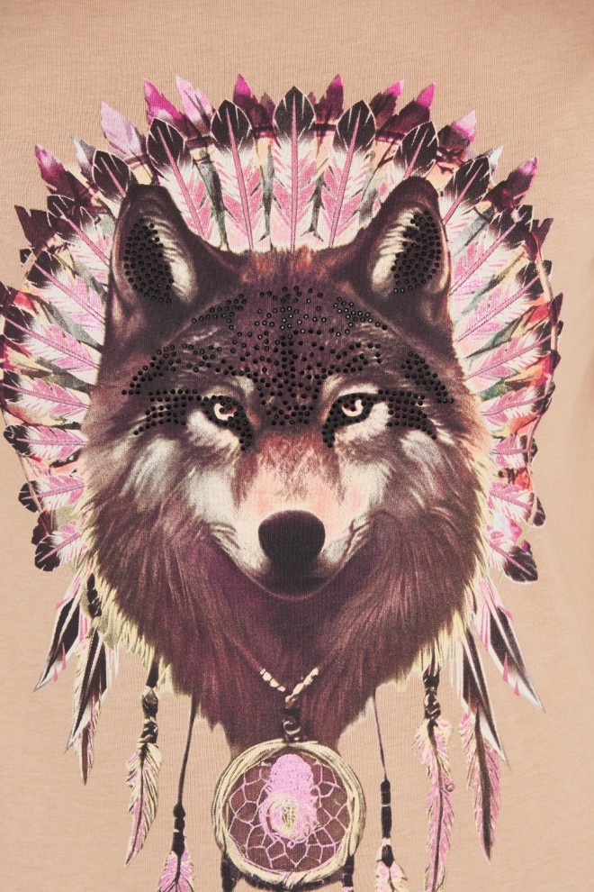 GUESS Brązowy t-shirt z wilkiem