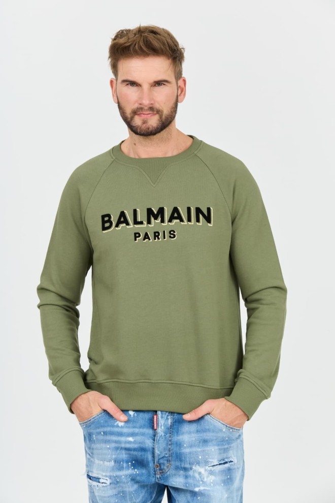 Зелений світшот BALMAIN з флоком та фольгою