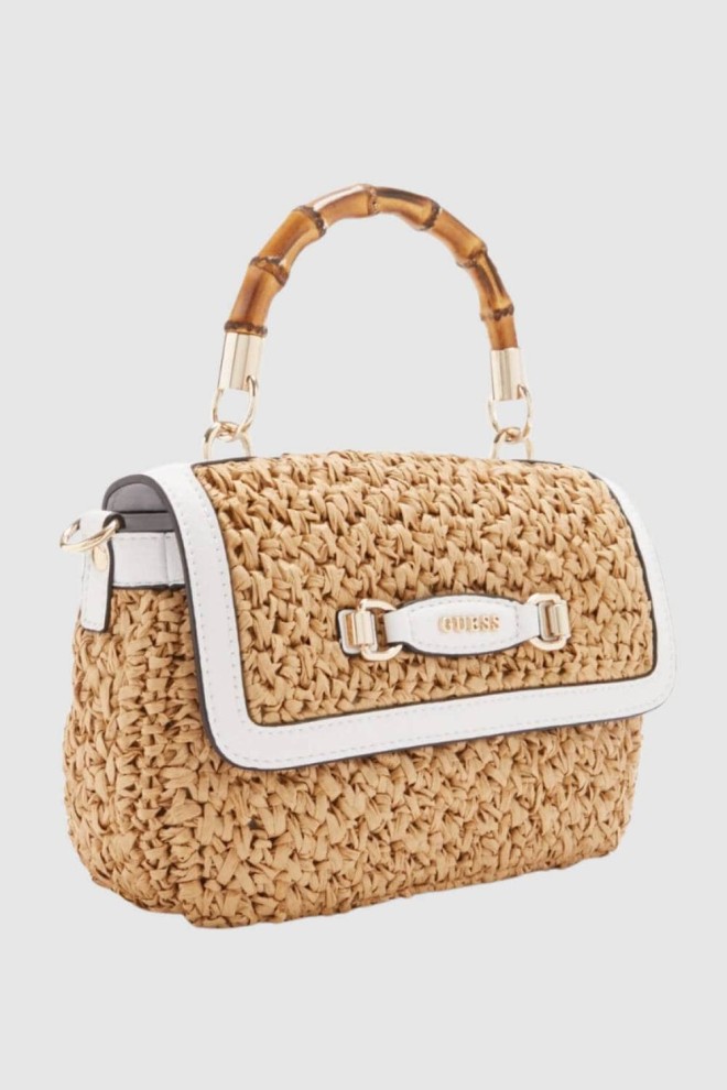 GUESS Brown Siria Top Handle Flap Straw Handbag