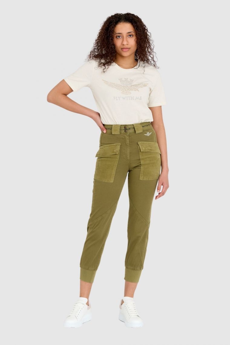 AERONAUTICA MILITARE Zielone spodnie damskie cargo ze ściągaczem w pasie