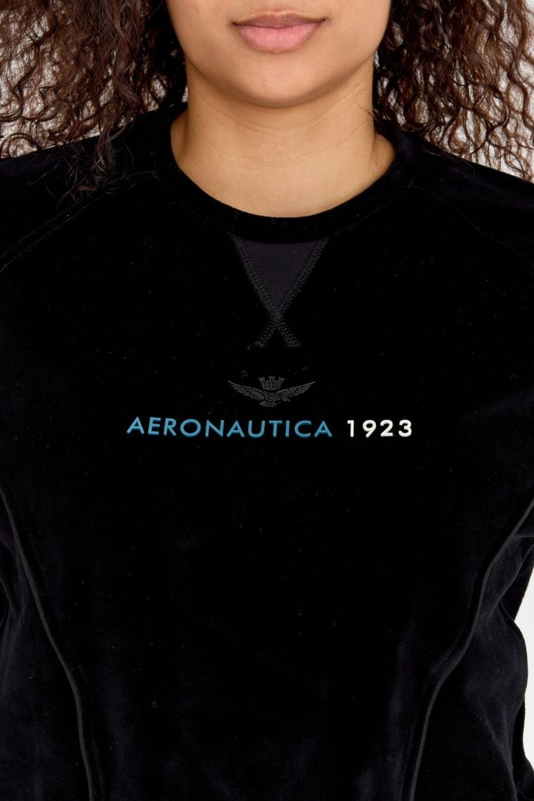 AERONAUTICA MILITARE Czarna welurowa bluza damska z wieloma zdobieniami