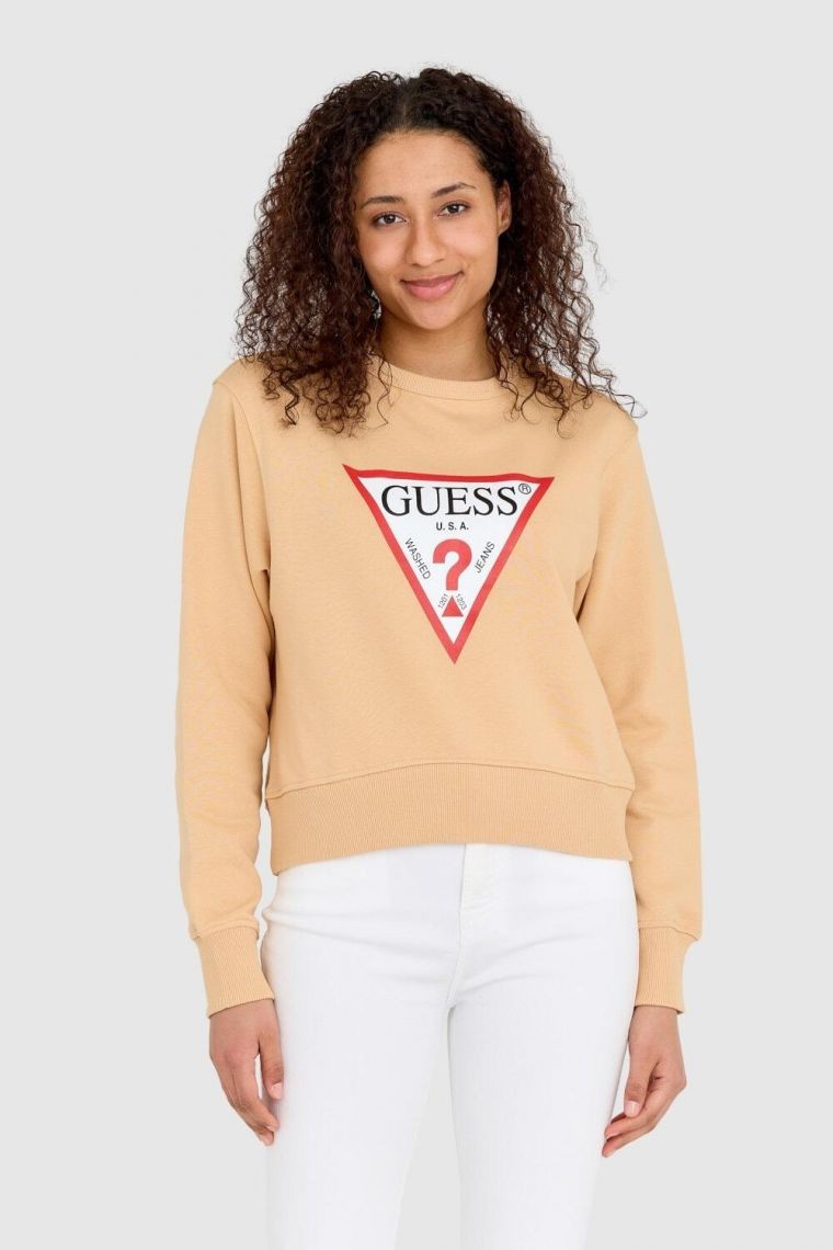 GUESS Beżowa bluza damska z dużym logotypem regular fit