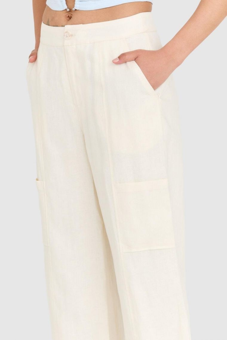 GUESS Kremowe lniane spodnie damskie