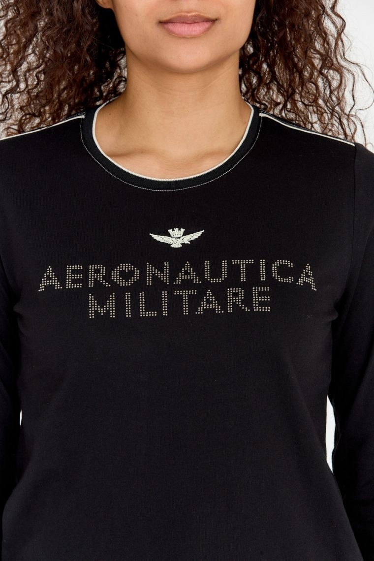 AERONAUTICA MILITARE Longsleeve damski czarny z logo wykonanym z dżetów