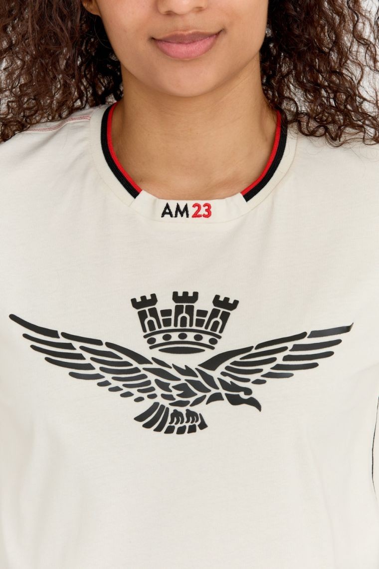AERONAUTICA MILITARE Kremowy luźny t-shirt damski z wypukłym orłem Comfort Fit