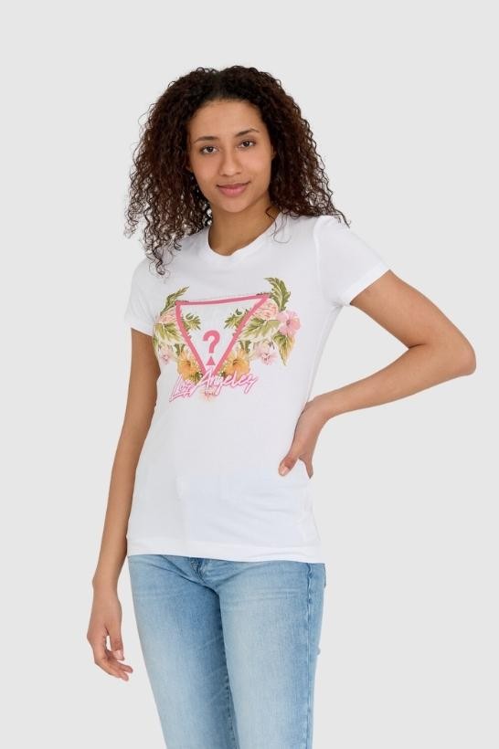 GUESS White women's logo t-shirt with flowers and rhinestones slim fit