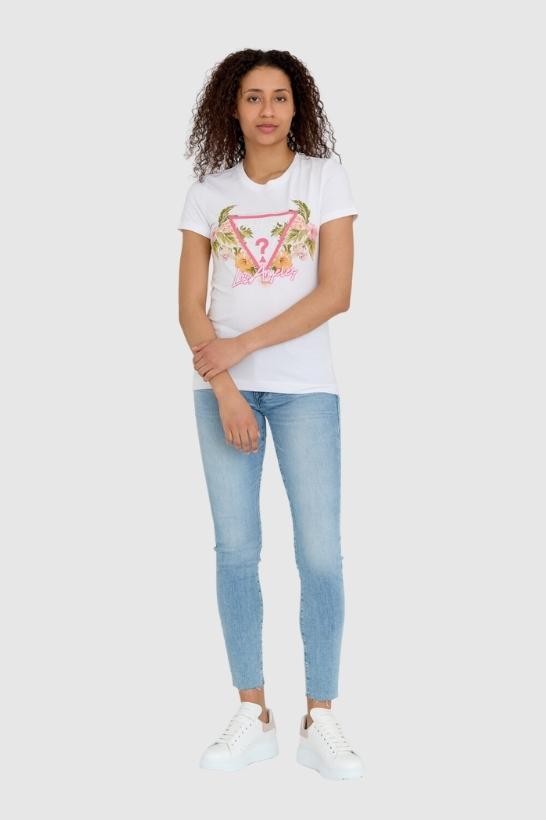 GUESS White women's logo t-shirt with flowers and rhinestones slim fit