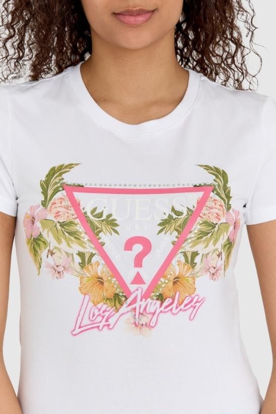 GUESS White women's logo t-shirt with flowers and rhinestones slim fit