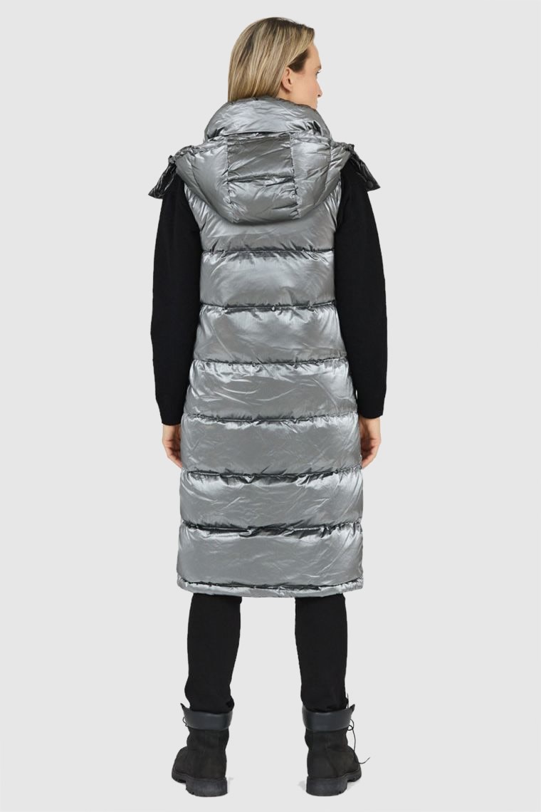 BLAUER Długi srebrny bezrękawnik puchowy Erika