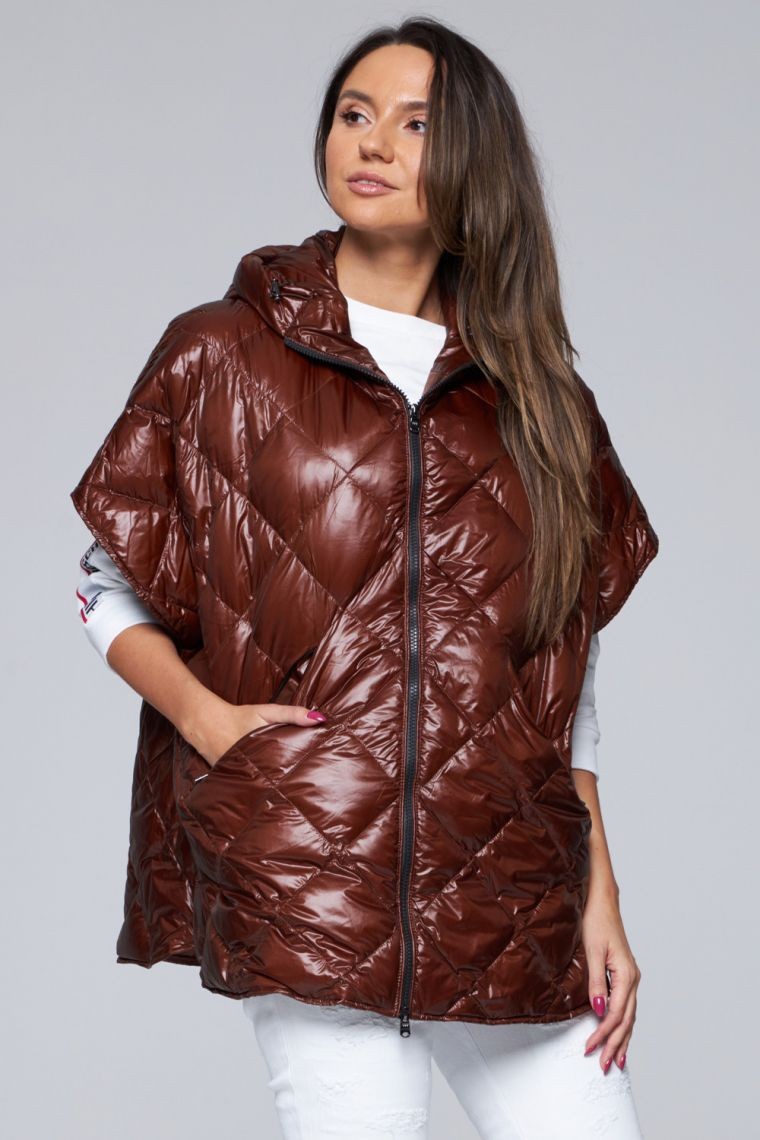 HETREGO Brązowy puchowy bezrękawnik Ginger z kapturem