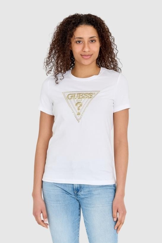 GUESS Biały t-shirt damski ze złotym haftowanym cyrkoniami logotypem slim fit