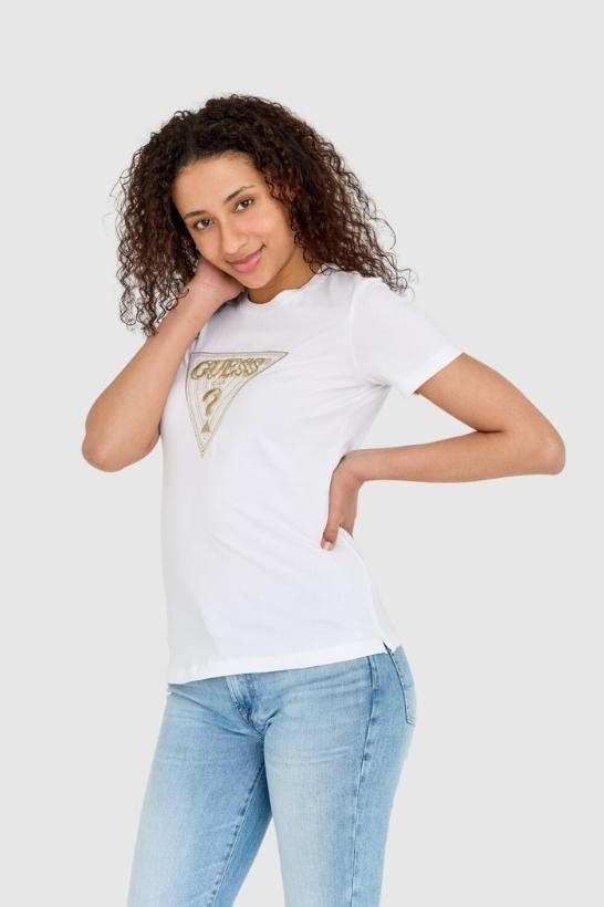 GUESS Biały t-shirt damski ze złotym haftowanym cyrkoniami logotypem slim fit
