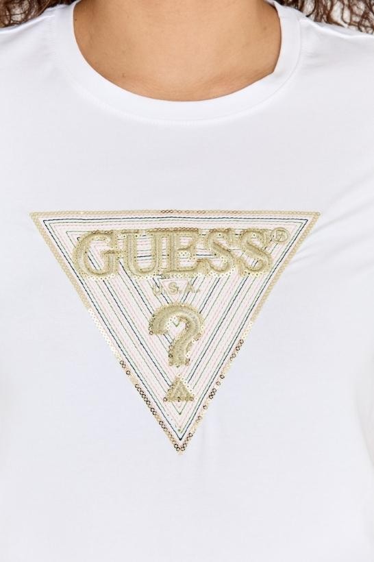 GUESS Biały t-shirt damski ze złotym haftowanym cyrkoniami logotypem slim fit