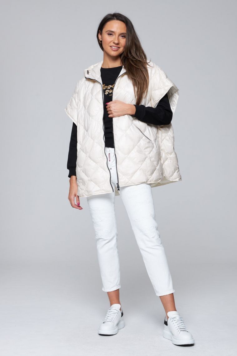 HETREGO Kremowy puchowy bezrękawnik Ginger z kapturem