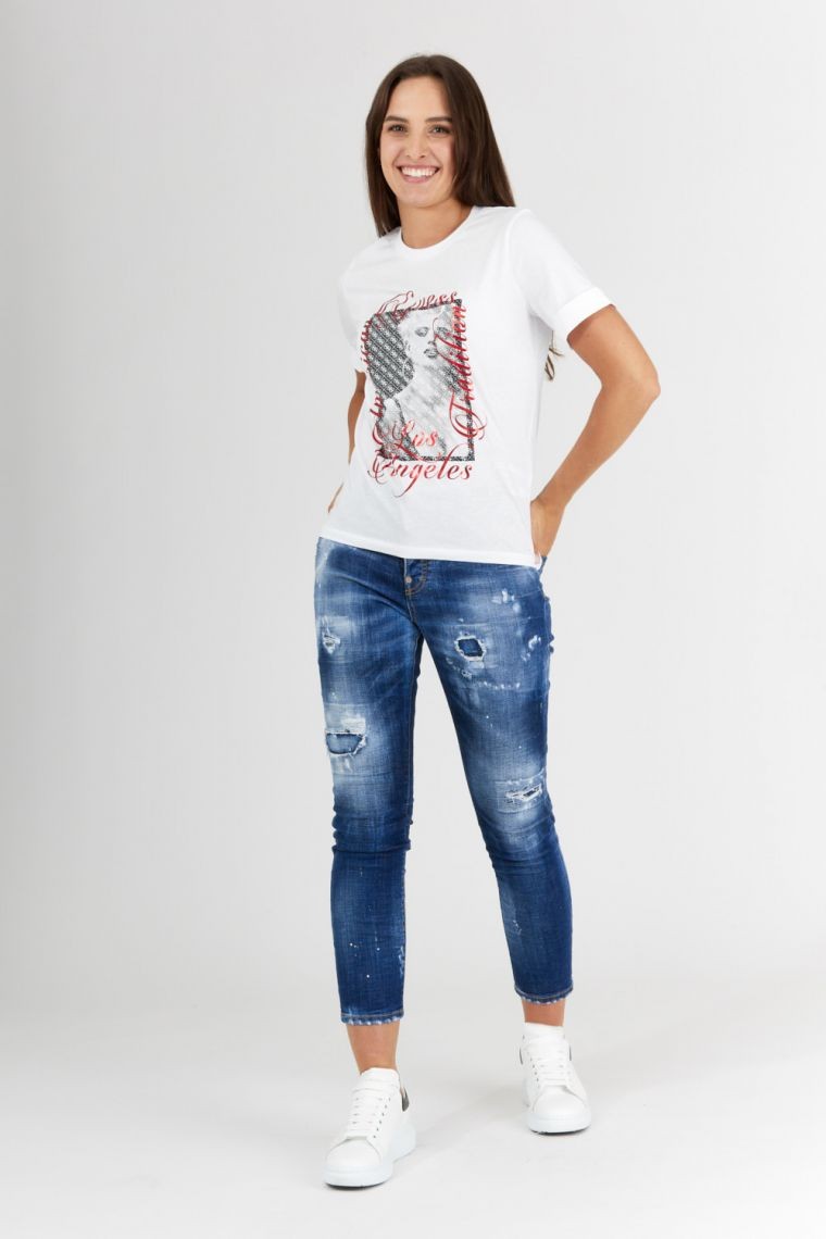 GUESS Biały t-shirt damski z nadrukiem