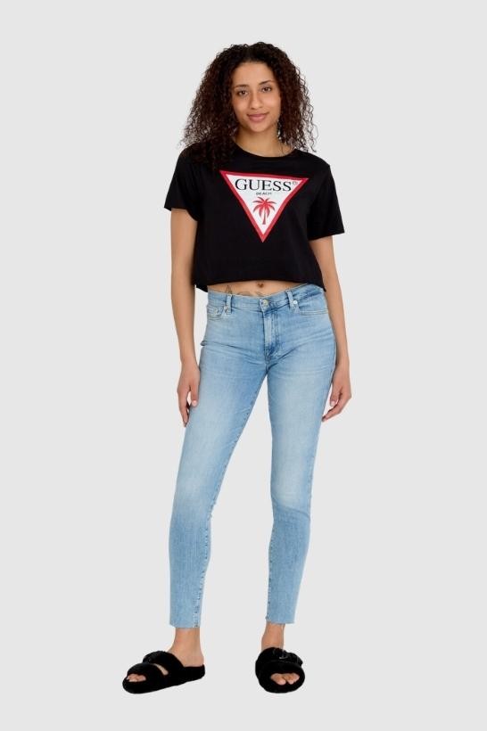 GUESS Black women's short t-shirt with raw boxy fit trim