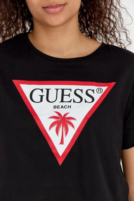 GUESS Black women's short t-shirt with raw boxy fit trim