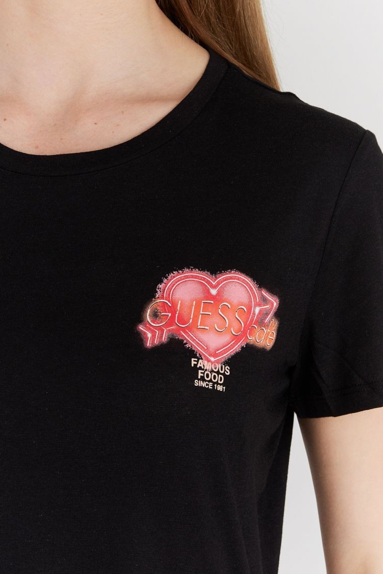 GUESS Czarny t-shirt damski z kolorowym printem