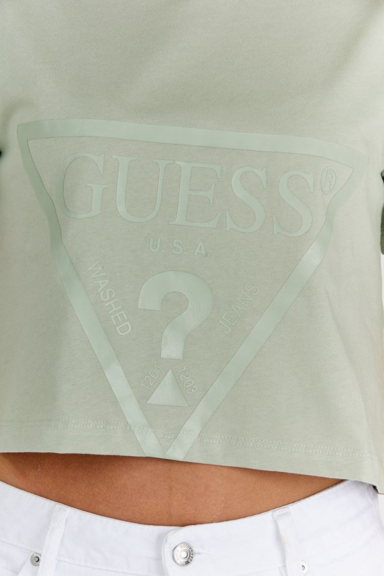 GUESS Krótki zielony t-shirt damski z logo