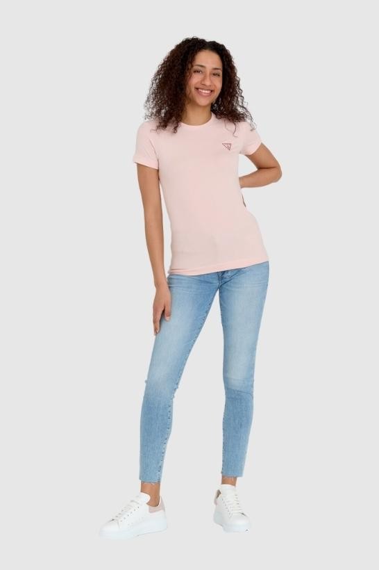 GUESS Różowy t-shirt damski slim fit z małym logo