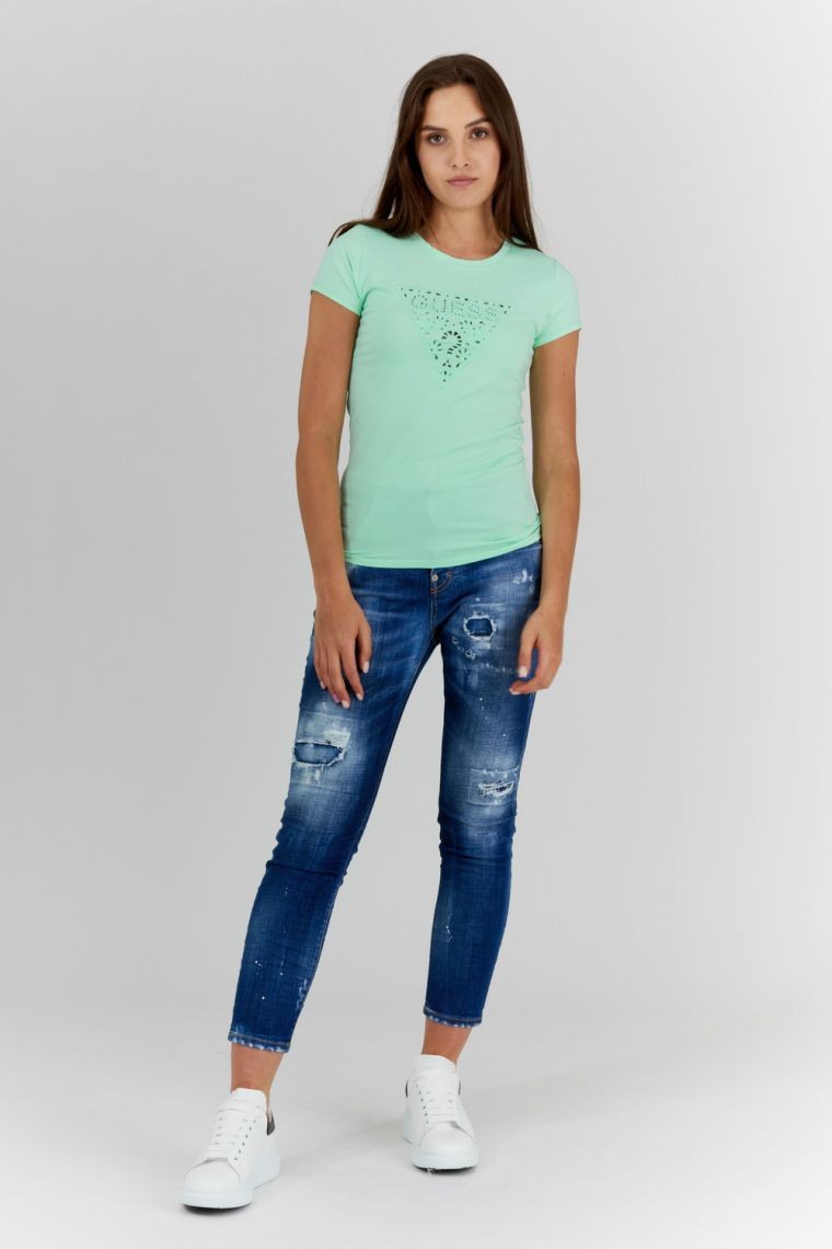 GUESS Zielony t-shirt damski z ażurowym logo