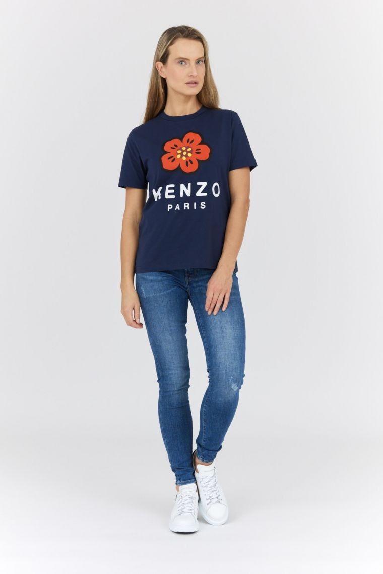 KENZO Granatowy t-shirt damski z czerwonym kwiatem
