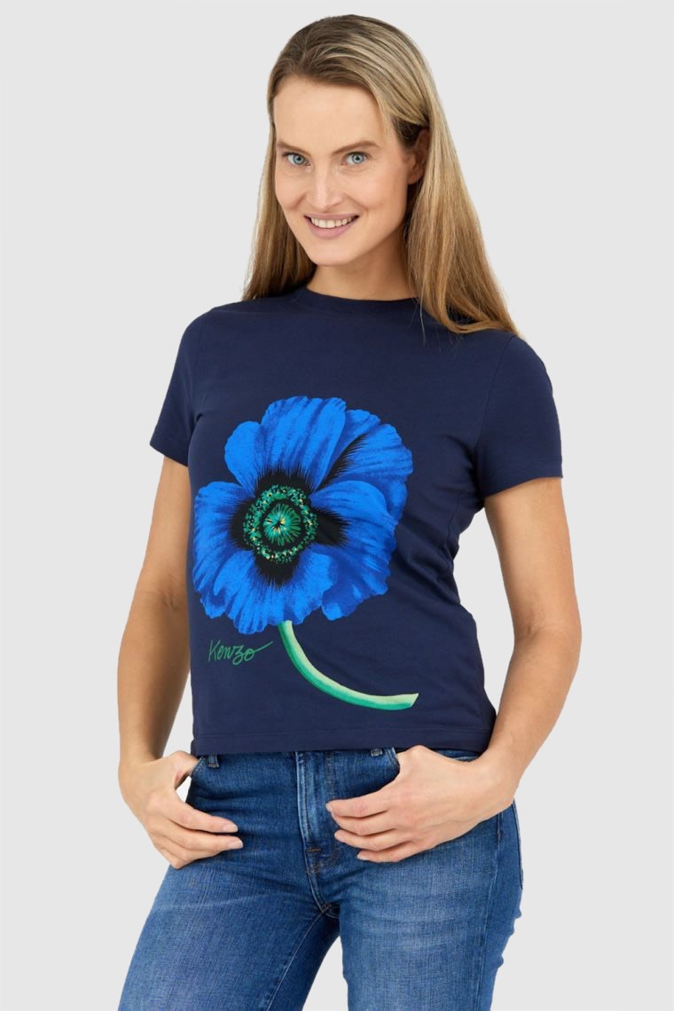 KENZO Granatowy t-shirt damski z niebieskim makiem