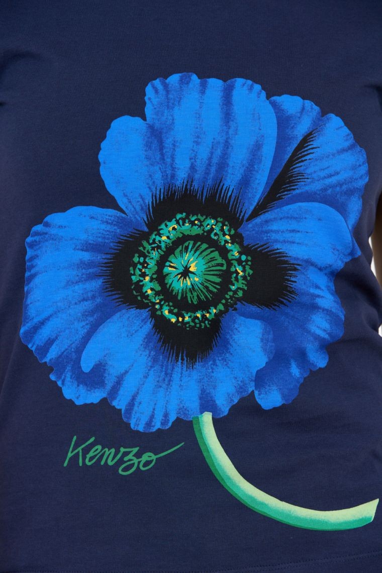 KENZO Granatowy t-shirt damski z niebieskim makiem
