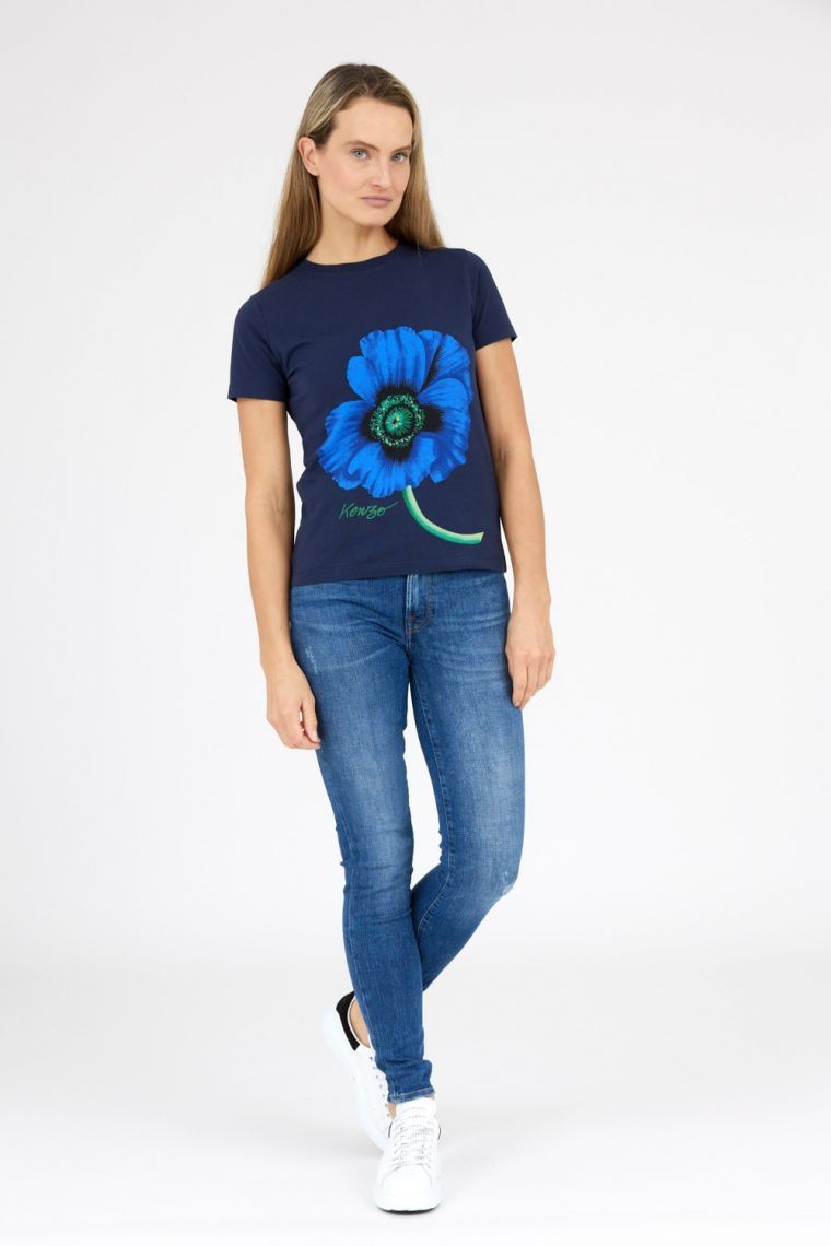 KENZO Granatowy t-shirt damski z niebieskim makiem