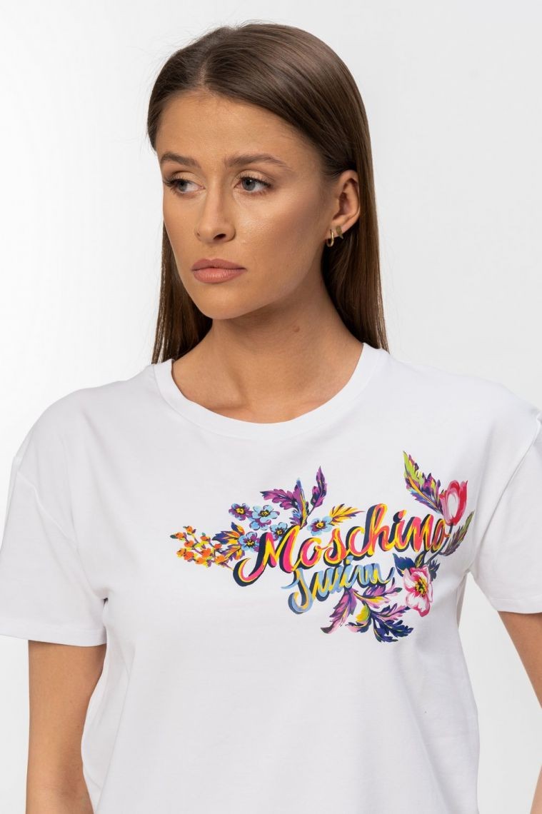 MOSCHINO Biały t-shirt z logo i kwiatami