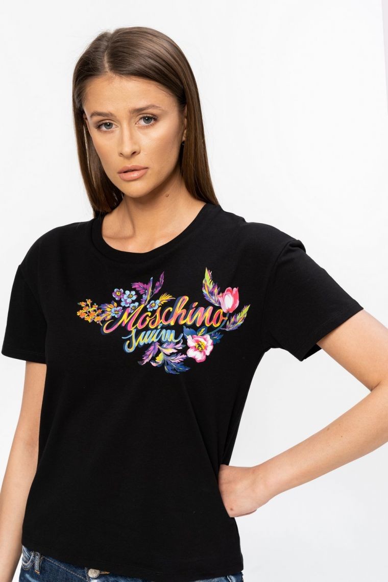 MOSCHINO Czarny t-shirt z logo i kwiatami