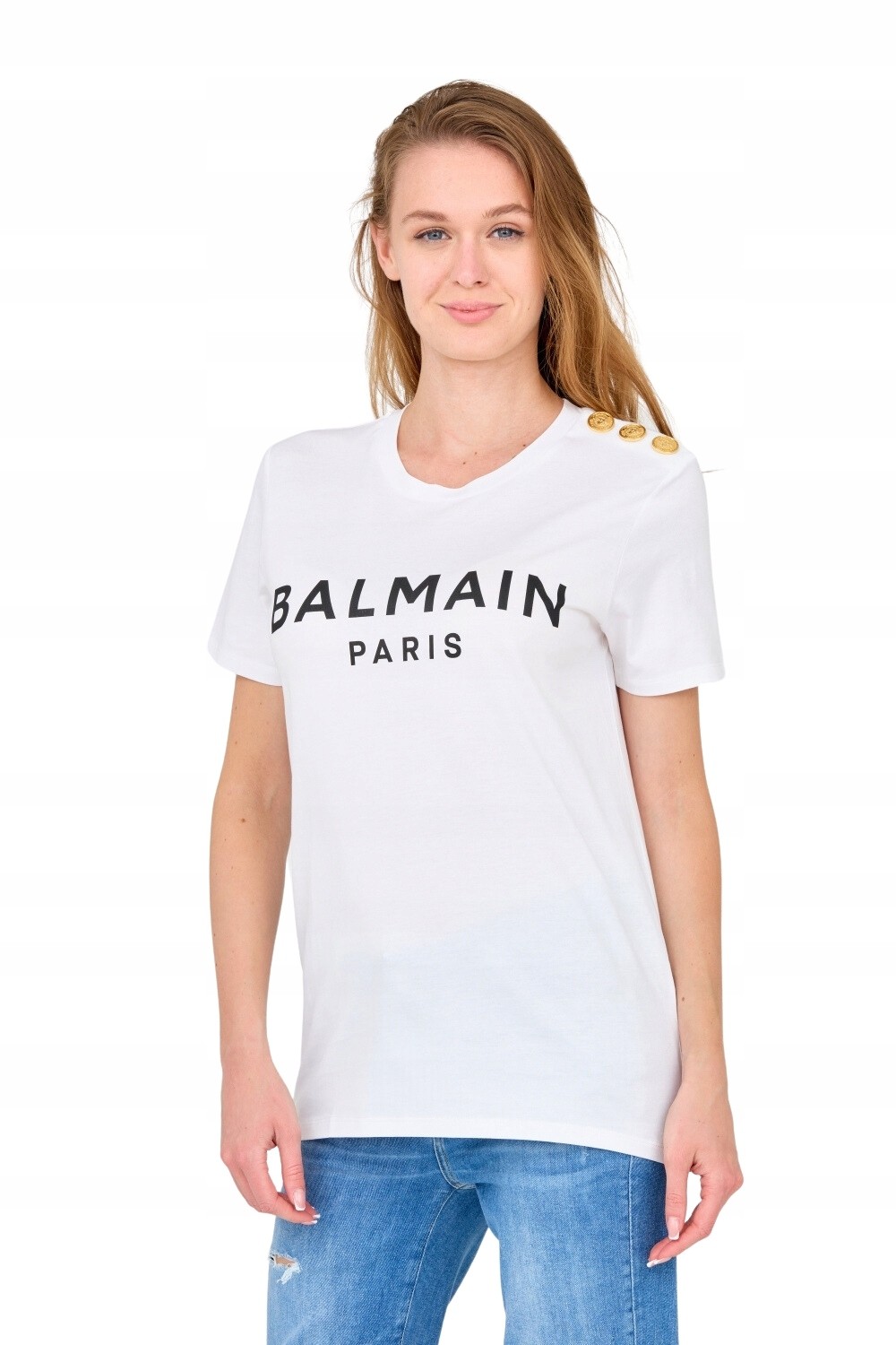 BALMAIN Biały damski t-shirt z guzikami