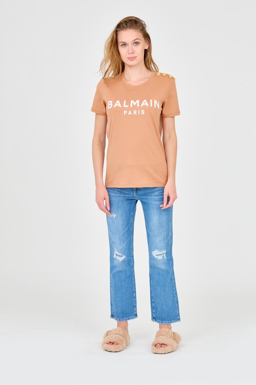 BALMAIN Brązowy damski t-shirt z guzikami