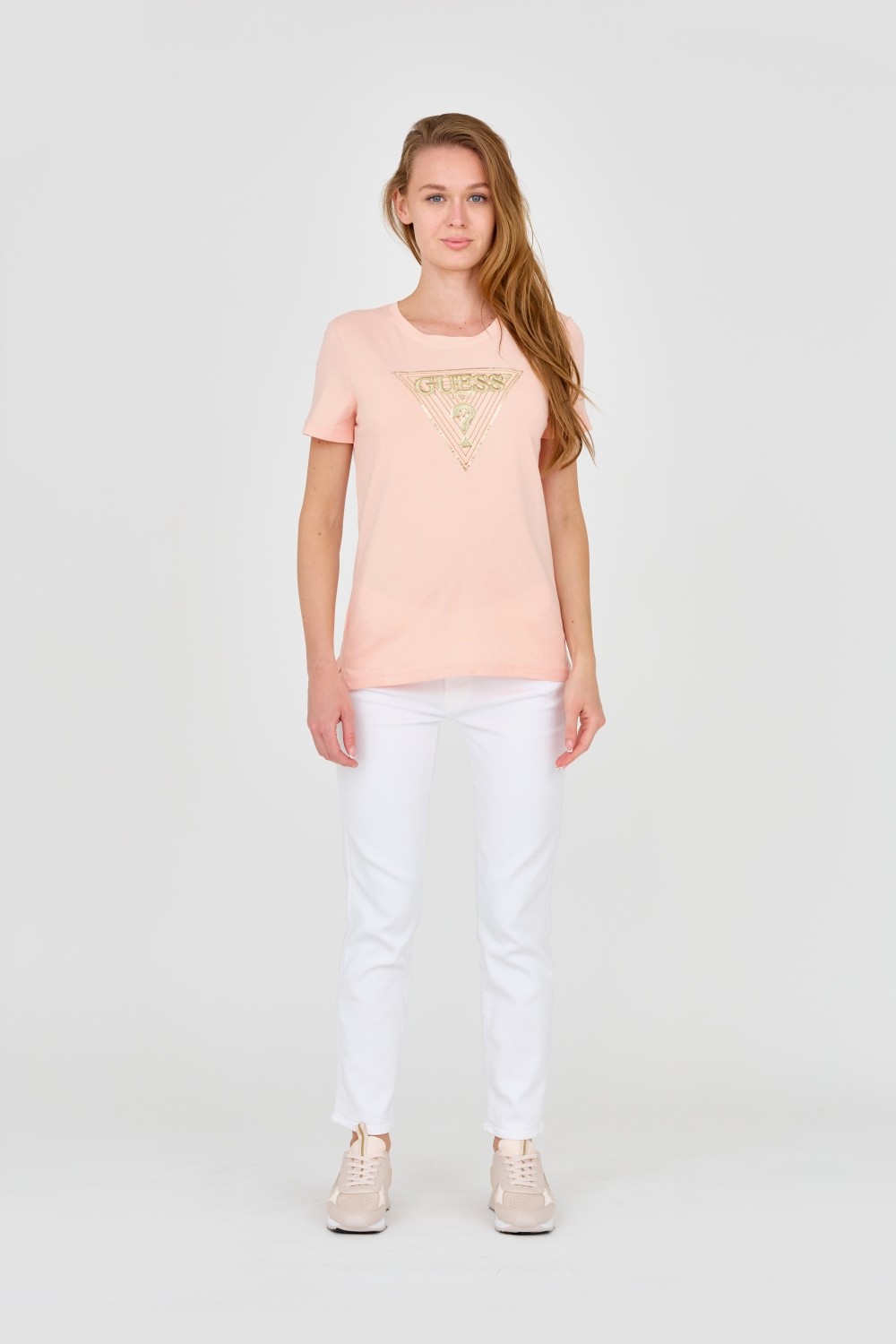 GUESS Damski t-shirt z dużym zdobionym logo