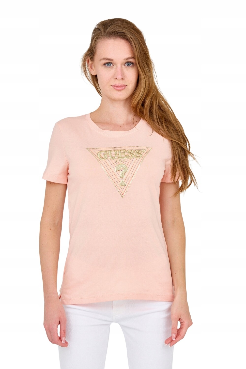 GUESS Damski t-shirt z dużym zdobionym logo