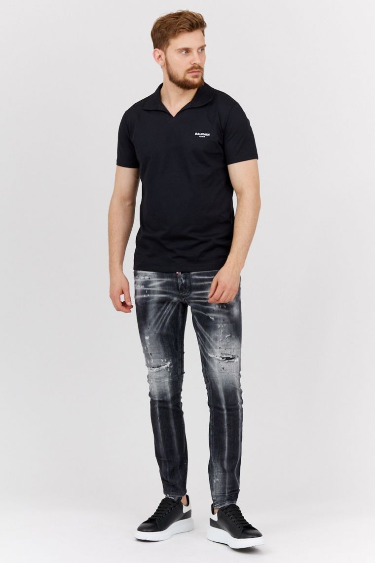 BALMAIN Чорна сорочка-поло з оксамитовим логотипом