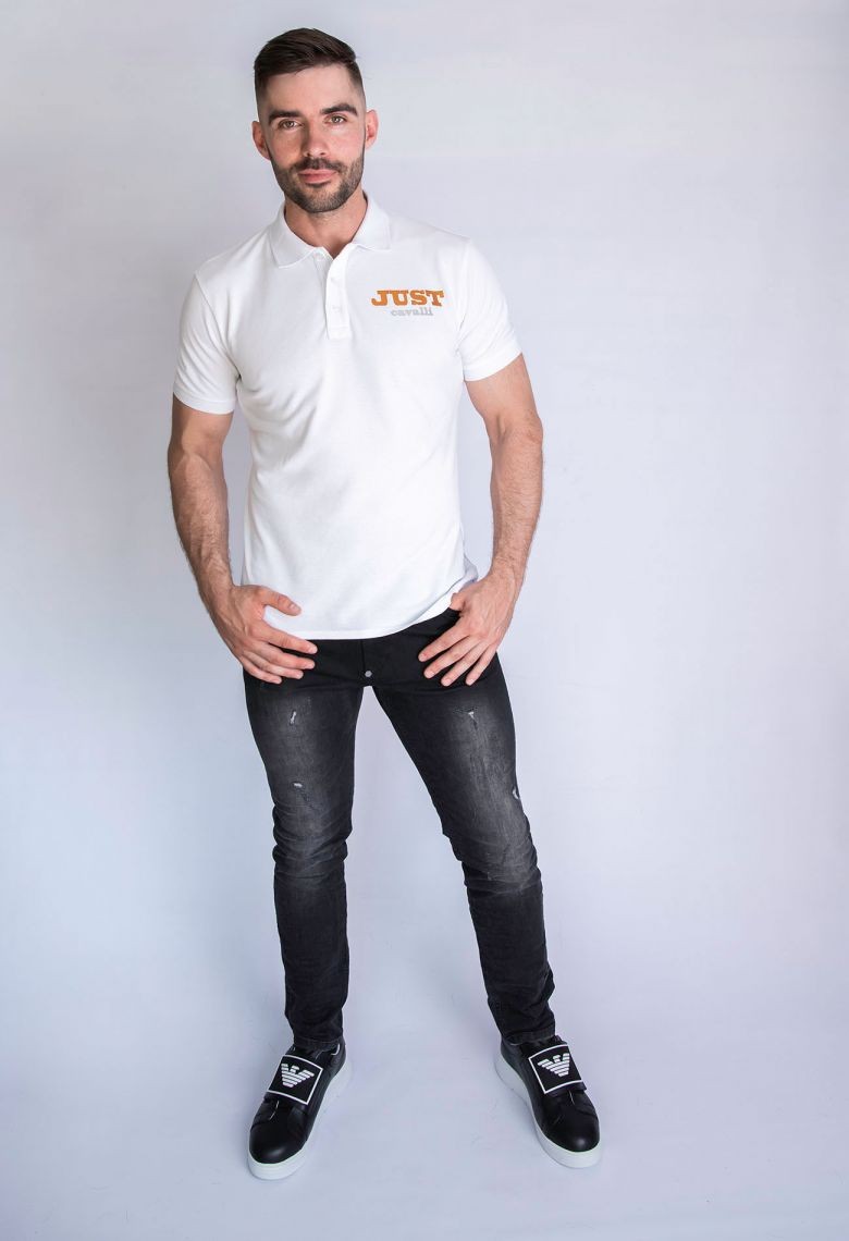 JUST CAVALLI Koszulka polo męska, biała złoto srebrne logo